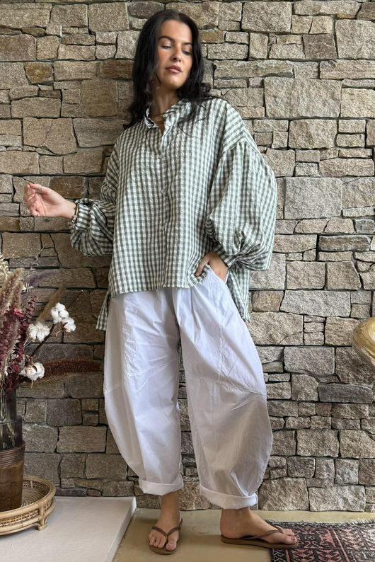 Ginny Gingham Balloon Sleeve Blouse Khaki